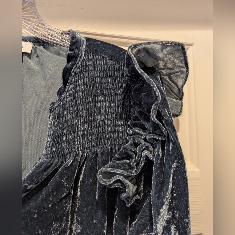 Evereve Dark Teal Blue Crushed Velvet Ruffle Sleeve Blouse Top Size XL *NWOT - Picture 6 of 10